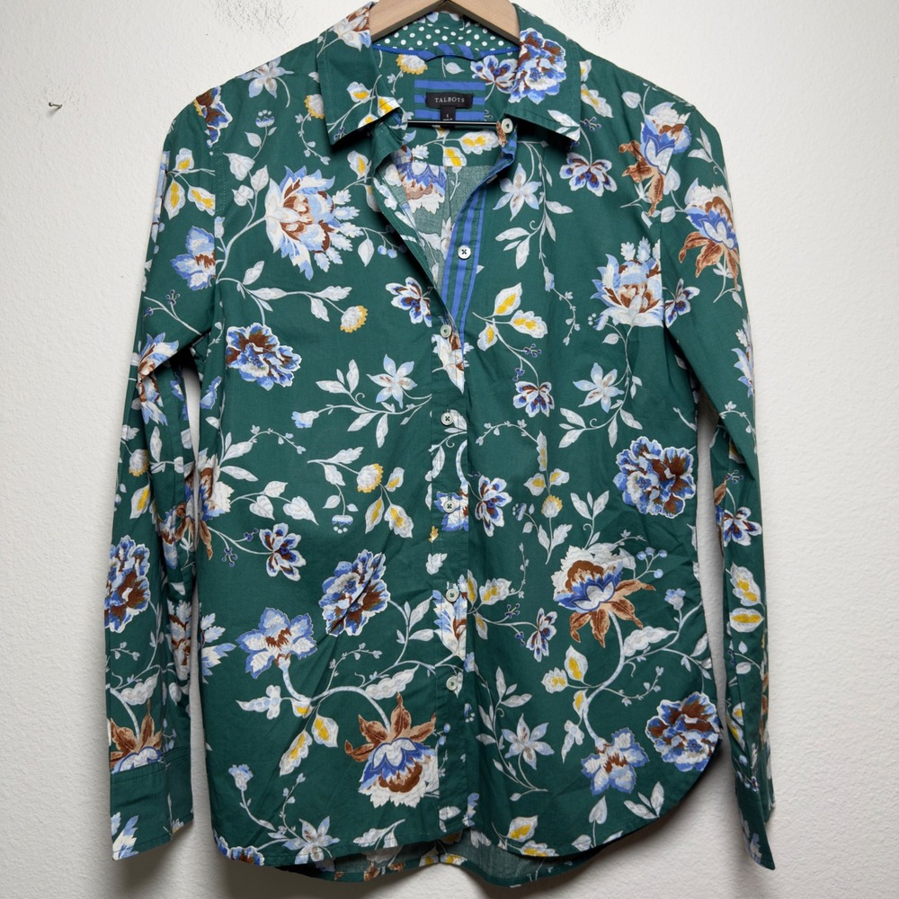 Talbots Women 100% Cotton Shirt S Green Floral Modern Classic Ornate Jacobean‎